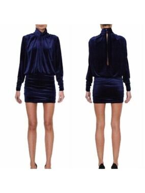 RONNY Kobo Collection Blue Velvet Mini Cocktail Dress Sz M ruched high neck